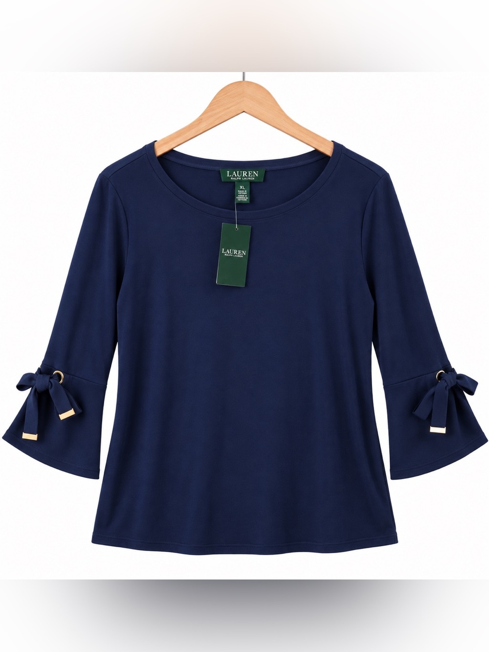 Ralph Lauren Navy Three-Quarter Sleeve Tee with Tie Detail